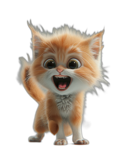 3D render of a cute smiling ginger kitten with fangs on a black background in the style of cartoon and Disney Pixar.