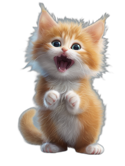 Cute orange and white kitten, happy expression, hands open mouth to make cute sounds, full body shot, black background, in the style of Disney Pixar, digital art, high detail