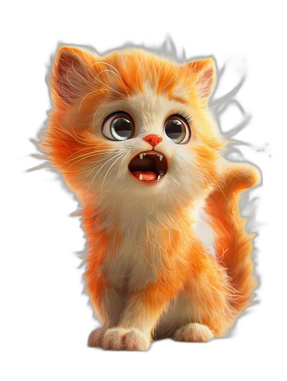 Cute orange and white kitten, fluffy fur, open mouth with sharp teeth, big eyes, standing on its hind legs, black background, in the style of Pixar, in the style of Disney, 3D rendering, bright colors, cartoon cute style, cute expression, cute pose, soft lighting, high resolution, high detail.