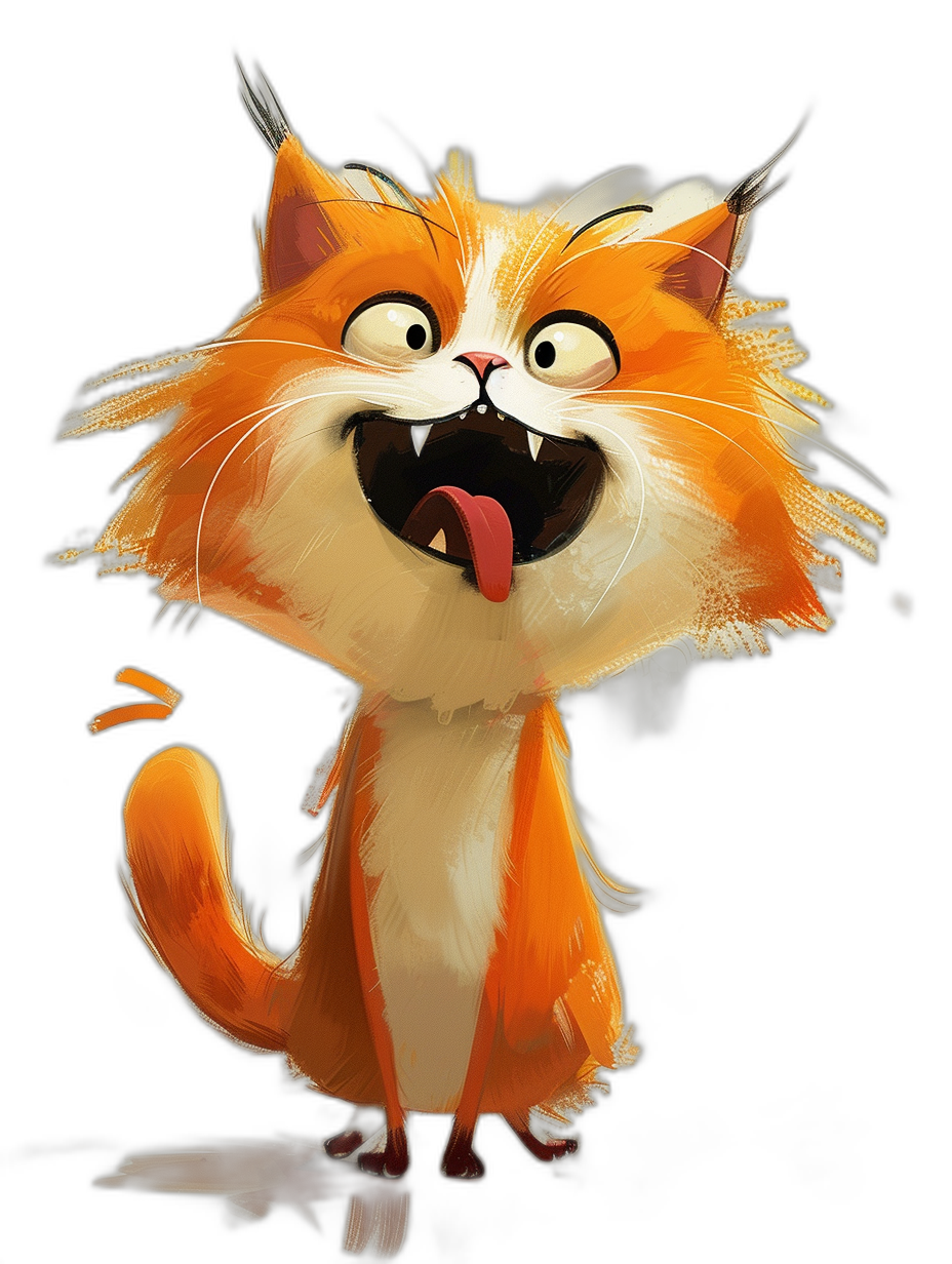 A cartoonish orange cat with white fur, long tongue and fangs laughing maniacally in a full body shot. The digital painting is in the style of Pixar studio with a simple, cute character design against a black background. It is concept art.