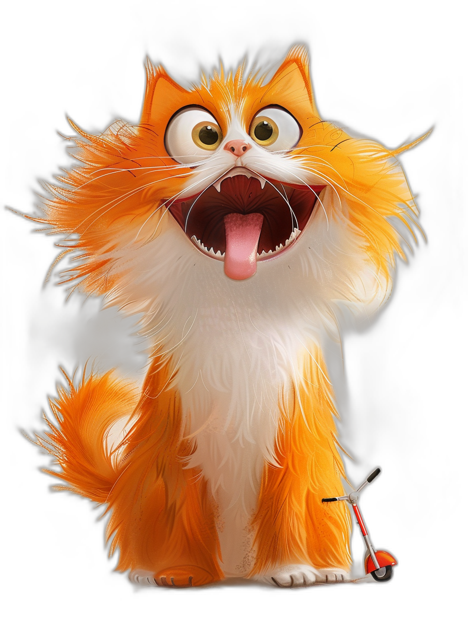 A full body shot of a happy, smiling orange and white fluffy cat character with big eyes and a big head in the cartoon style and in the style of Disney Pixar, isolated on a black background, whimsical.