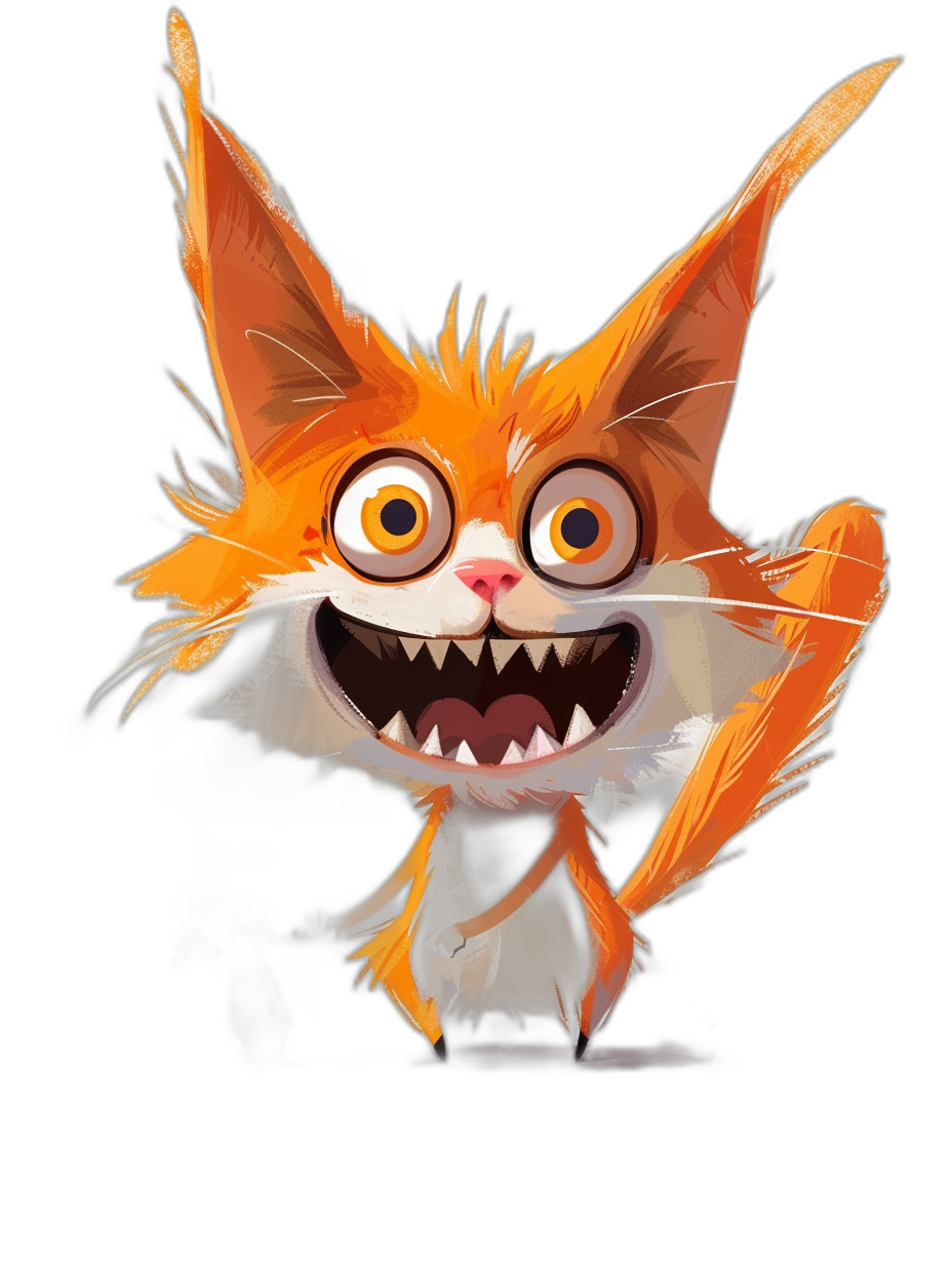 smiling crazy cat character with big eyes and long tail, orange fur color, black background, concept art in the style of Pixar, cgsociety, fantasy art in the style of Pixar.