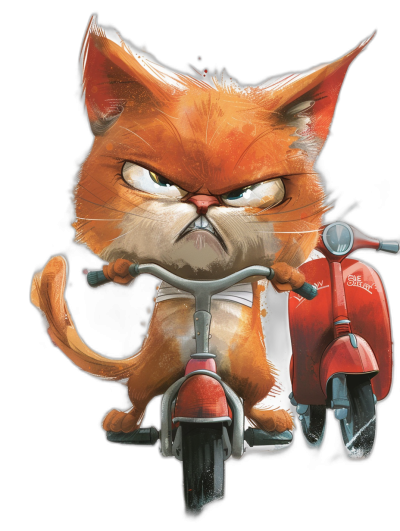 grumpy orange cat on red vespa, in the style of [Tiago Hoisel](https://goo.gl/search?artist%20Tiago%20Hoisel), caricature-like, playful caricatures isolated on a black background