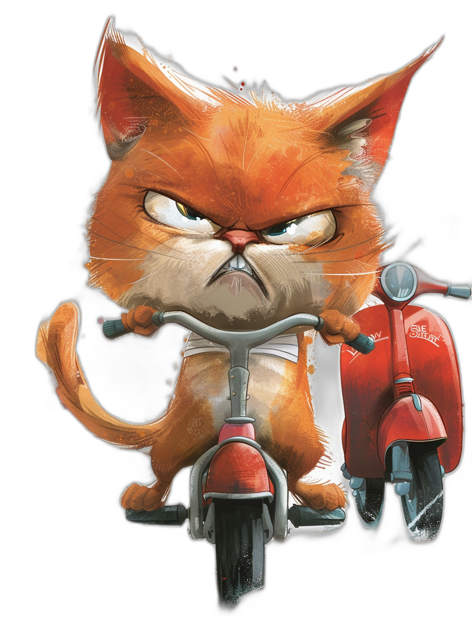 grumpy orange cat on red vespa, in the style of [Tiago Hoisel](https://goo.gl/search?artist%20Tiago%20Hoisel), caricature-like, playful caricatures isolated on a black background