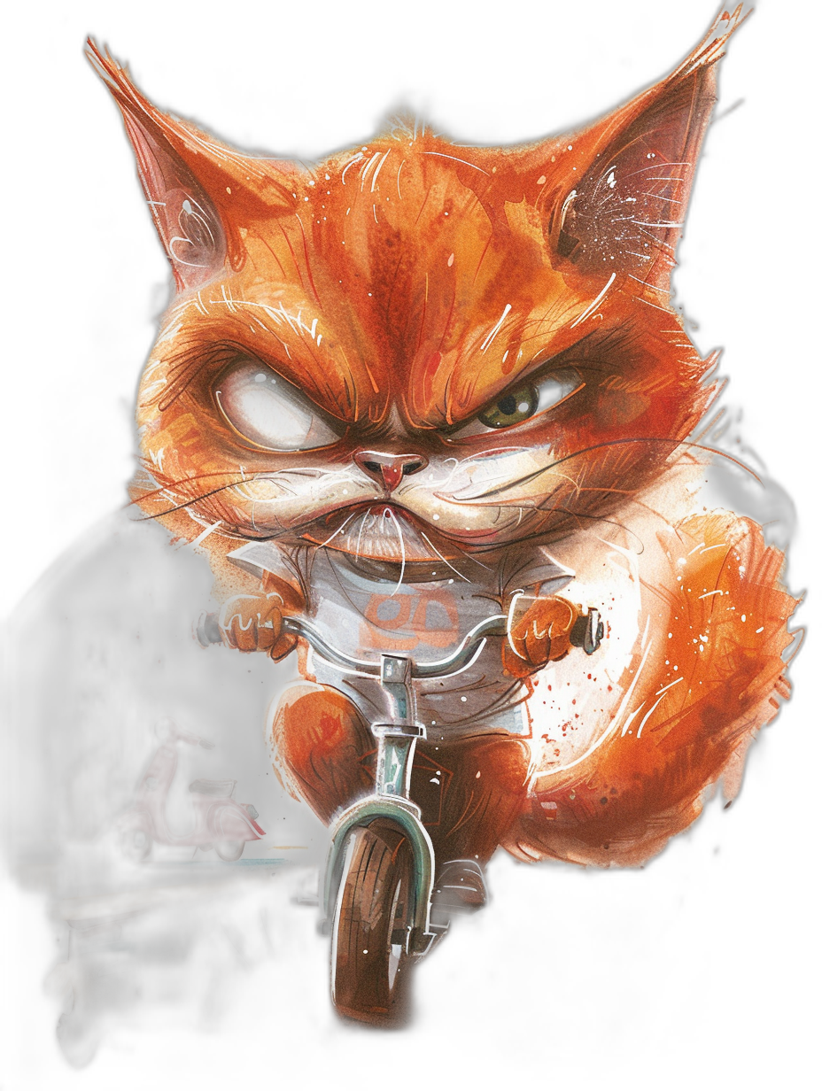 A cute orange cat, wearing a white T-shirt and riding a bike, with an angry face and smoke around its body, full of energy, in an ultra detailed illustration in the style of [Greg Rutkowski](https://goo.gl/search?artist%20Greg%20Rutkowski).
