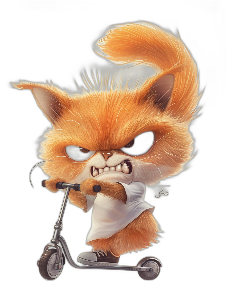 grumpy orange cat with black eyes, riding a scooter, wearing a white t-shirt, in the style of [Tiago Hoisel](https://goo.gl/search?artist%20Tiago%20Hoisel), caricature-like, playful caricature style on a dark background