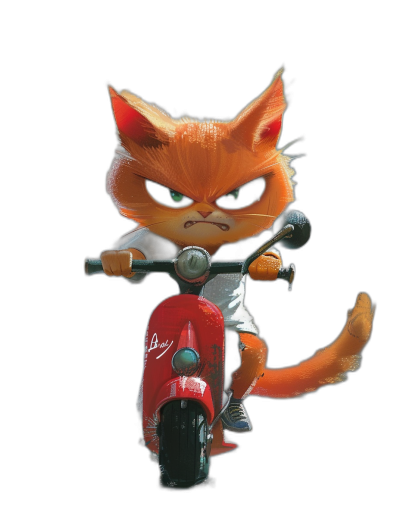 Cute orange cat, with an angry expression, riding on the back of an electric scooter with a black background, wearing a white T-shirt and jeans. The character is designed in the style of Pixar, with detailed facial features, exaggerated expressions, and a full body portrait. A red retro moped was used for rendering. High definition resolution, in .