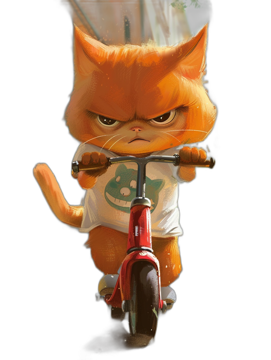 Character design of an angry orange cat riding on a scooter, wearing a white t-shirt with a green eyes logo and red shorts, black background, in the style of [Goro Fujita](https://goo.gl/search?artist%20Goro%20Fujita) and Studio Elsaschfach.