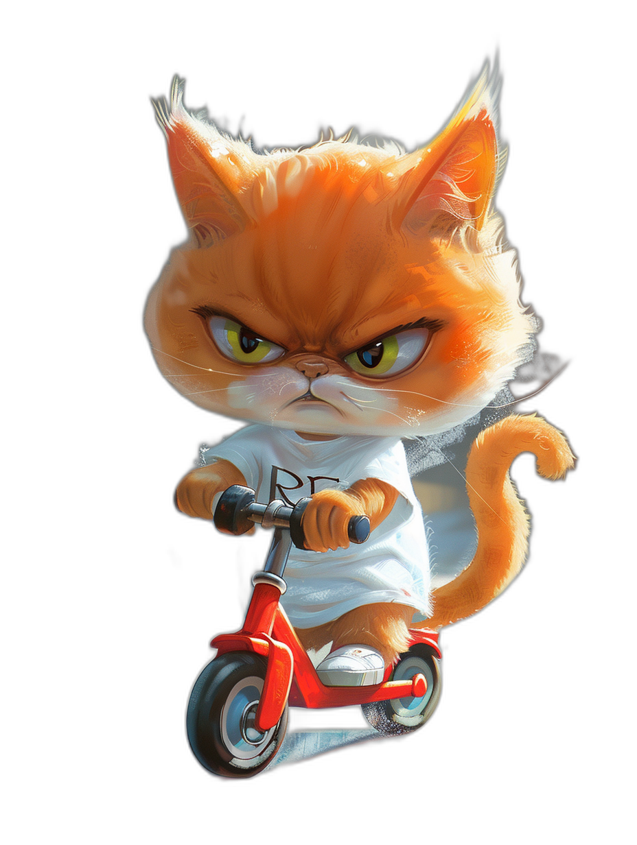 character design, angry orange cat with yellow eyes wearing a white t-shirt and riding a red scooter, black background, concept art in the style of Pixar, cgsociety, character design