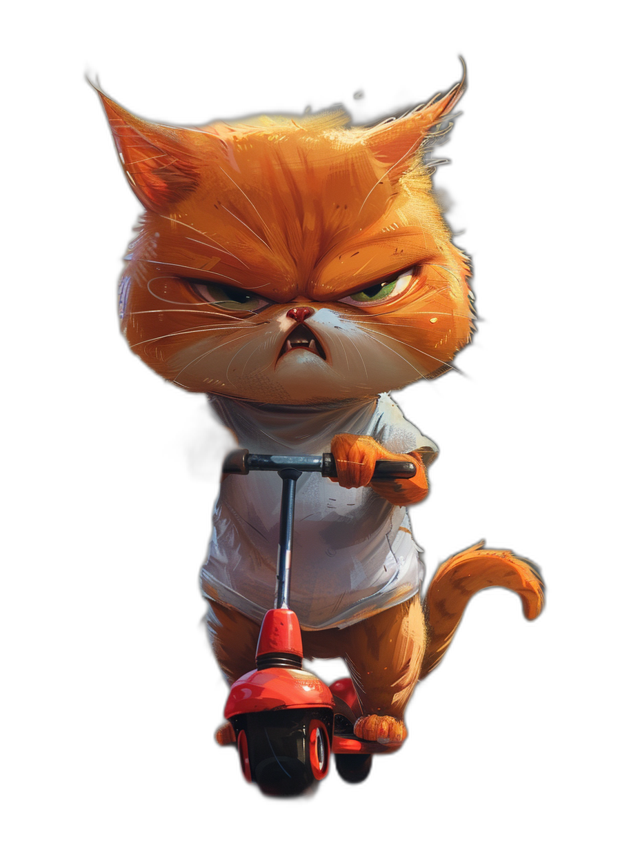 Grumpy orange cat with an angry face, wearing a white t-shirt and riding a scooter, full body, simple black background, in the style of [Atey Ghailan](https://goo.gl/search?artist%20Atey%20Ghailan) and R Киев. Engine, octane render, high resolution, hyper detailed.