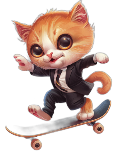 Cute cartoon kitten in a suit, riding on a skateboard, black background, in the chibi style, with big eyes, a happy expression, a cute smile, a vector illustration, digital art, a 2D design, with high resolution, high detail, a professional illustration.