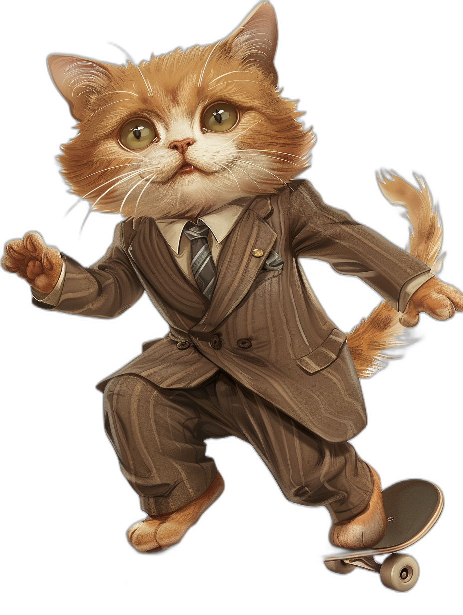 A ginger cat in a suit and tie, skateboarding on a black background, vector art in the style of [Beatrix Potter](https://goo.gl/search?artist%20Beatrix%20Potter), full body portrait, ultra detailed, best quality.