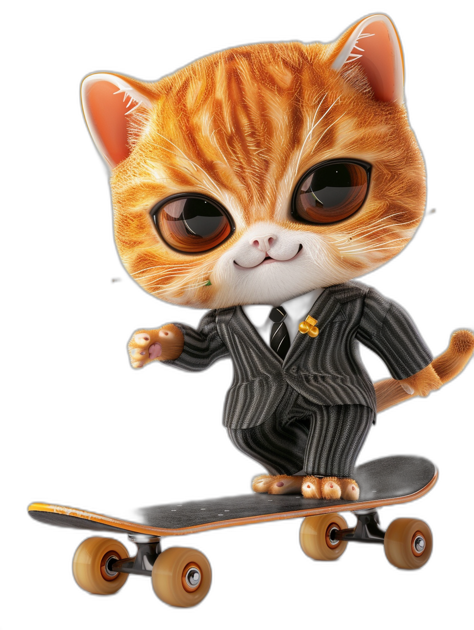 A cute orange cat in a black and white suit, with big eyes, riding on a skateboard against a pure black background, in the style of Pixar.