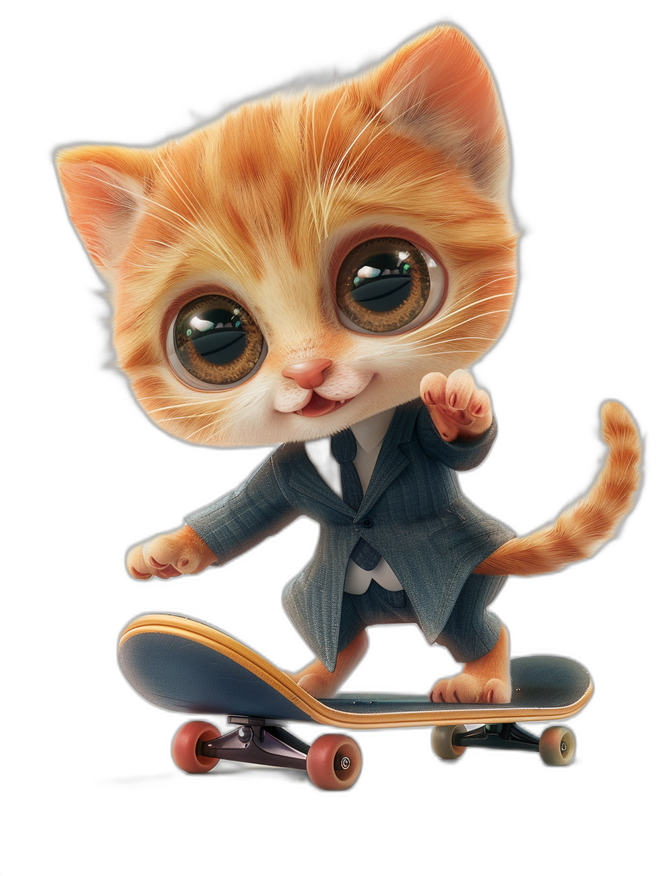 Cute cartoon cat wearing suit and riding skateboard, big eyes, lovely little kitten with cute smile playing on the skate board, black background, super realistic animal illustration style, high definition photography, cute cartoon design, exaggerated facial features, surreal animal illustrations