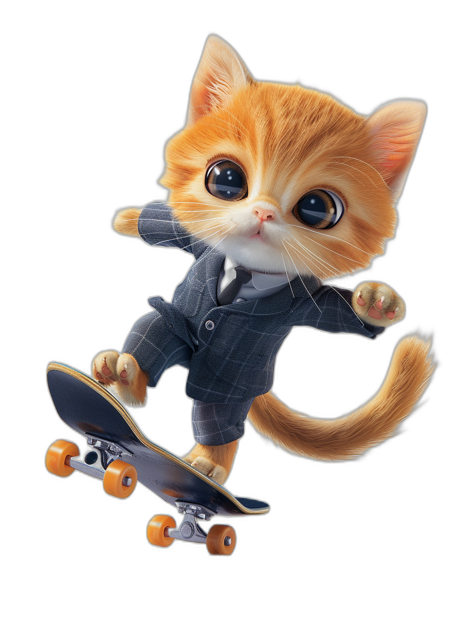 Cute cat in suit, big eyes, playing skateboard on black background, 3D rendering in the style of cartoon, high definition