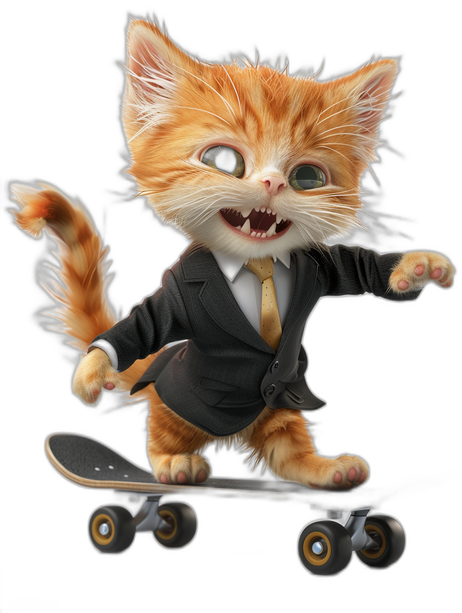 Cute orange cat, dressed in business attire and smiling happily on the skateboard, in the style of anthropomorphic style, black background, 3D rendering effect. High definition details of fur texture. The kitten is wearing a professional suit with tie. He has big eyes and small ears, trending angle shot, cute cartoon design. It’s anthropomorphized to be skateboarding, with high resolution and bright colors.