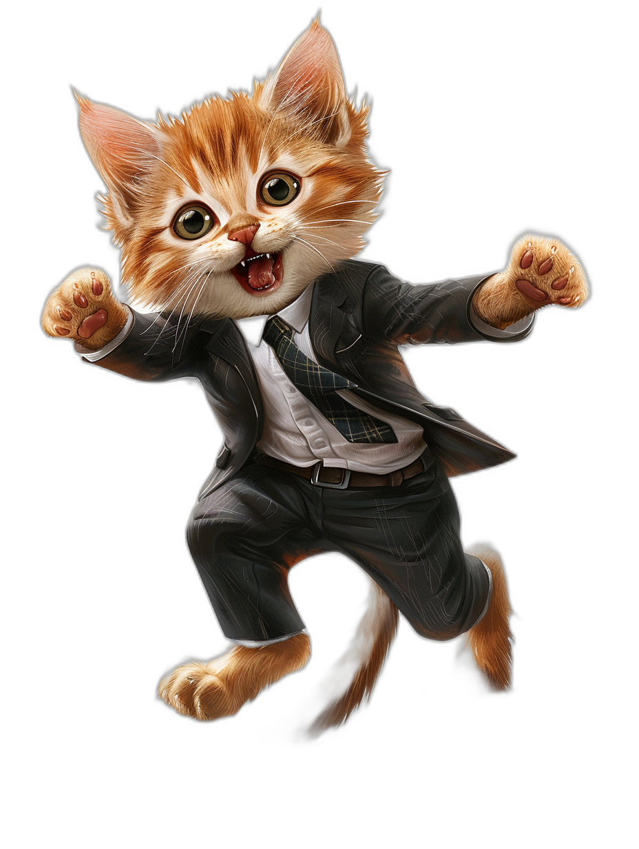 digital art of cute kitten , wear suit and tie, jumping in the air with happy face , black background , full body