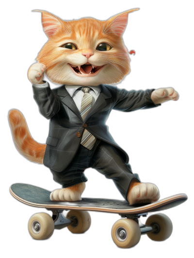 A happy smiling ginger cat wearing a suit and tie riding on top of a skateboard, shown in a full body shot against a black background, in the detailed illustrated style of digital artist [Mark Ryden](https://goo.gl/search?artist%20Mark%20Ryden), 2d game art.