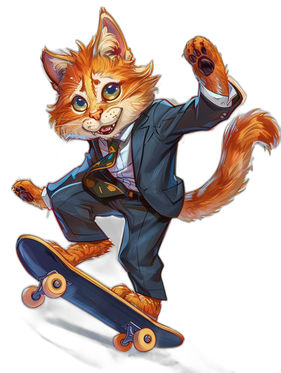 A cat in a suit, on a skateboard, with a black background, in a cartoon style, in a 2D game art style, in the style of Disney, with a furry character design, with bold colors and brushstrokes, at a high resolution, with professional studio lighting