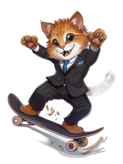 A cute cat in suit and tie riding on the skateboard, cartoon style, black background, digital art by Disney Pixar studio, adorable expression of happiness, detailed fur texture, colorful strokes, high resolution, professional lighting