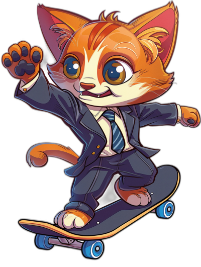 sticker of the cartoon character, G montage orange cat in suit and tie riding on a skateboard with a black background, in the vector art style, vector artwork sticker, cute cat wearing a dark blue blazer with a white shirt, dark brown pants, big expressive eyes, long tail, large ears, paws out as if showing off something to someone, skateboarding