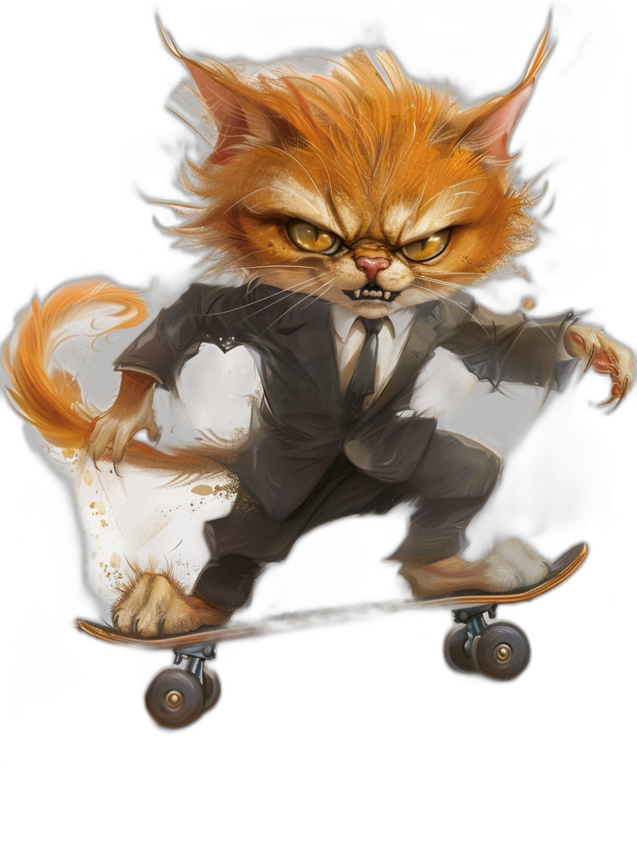 realistic digital illustration of an angry ginger cat in business suit, riding on skateboard, black background, full body portrait, fantasy art style, concept art,