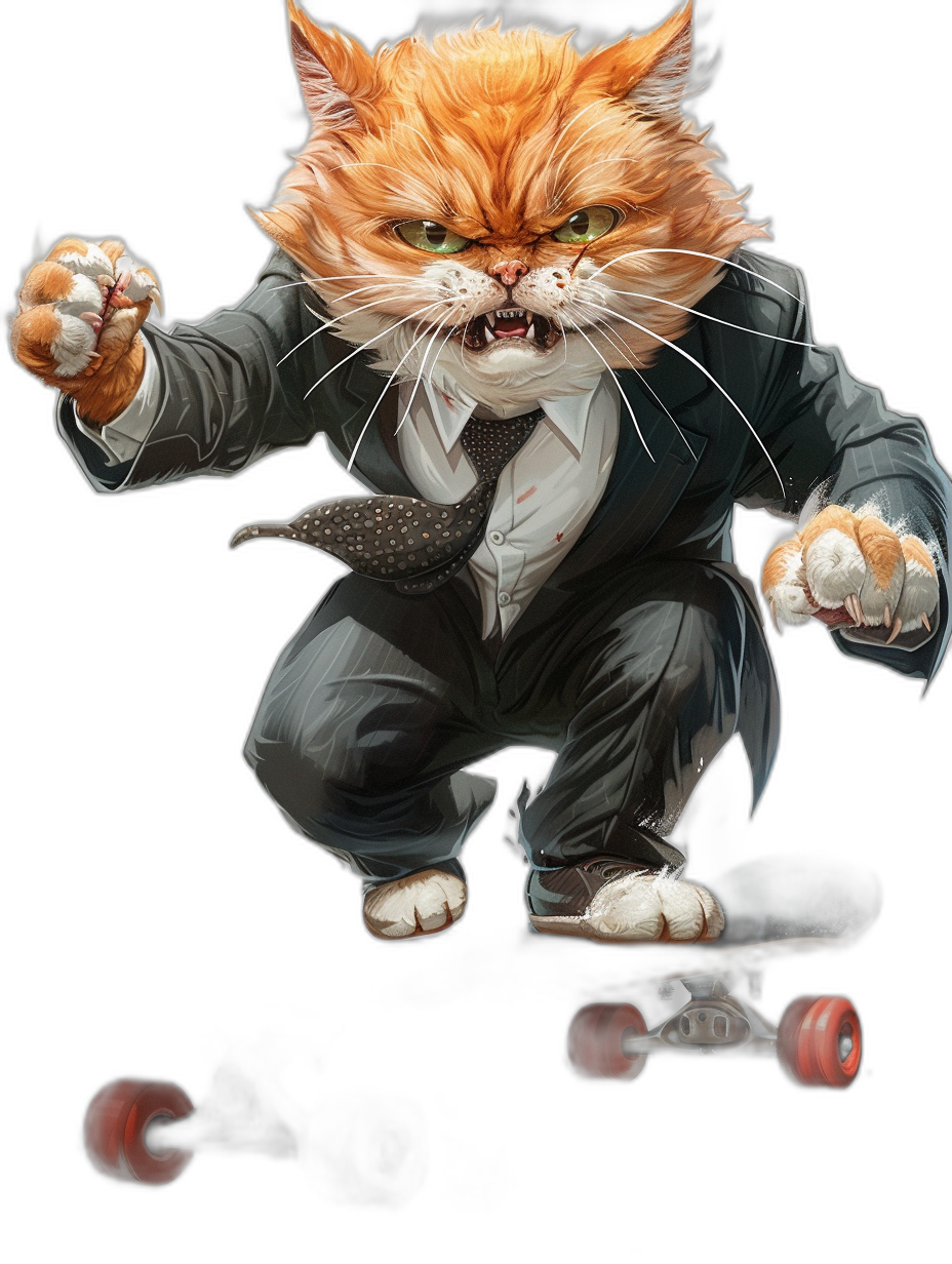 realistic digital illustration of an angry ginger cat in suit and tie, riding on the skateboard, by [Greg Rutkowski](https://goo.gl/search?artist%20Greg%20Rutkowski) + [Michael Whelan](https://goo.gl/search?artist%20Michael%20Whelan) art style, dark background, high detailed, sharp focus, full body portrait photography studio shot