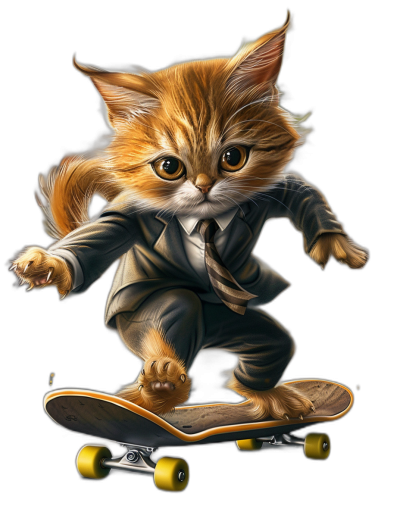 digital art of cute kitten in suit , riding skateboard, black background, big head and small body