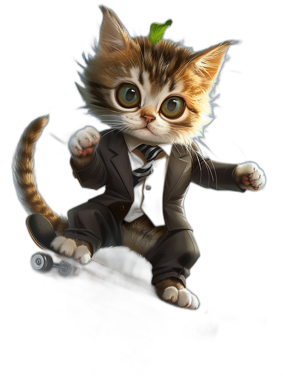 digital art of cute kitten , wear suit and tie, skating on skateboard black background