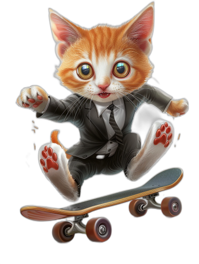 Cute cat in a suit skateboarding on a black background, in the vector illustration style with high resolution and hyper-realistic details.