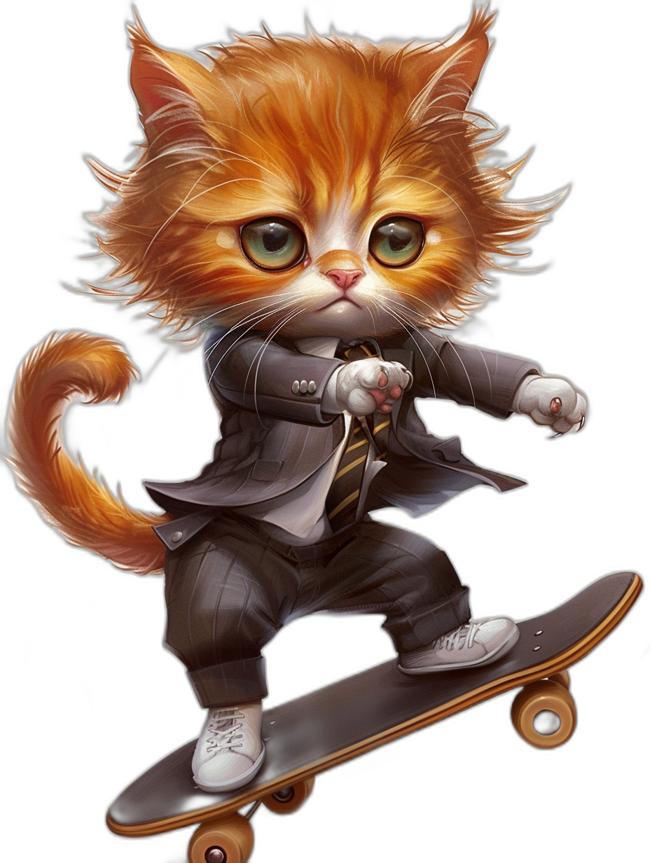 A cute orange cat wearing white shoes and a black suit, riding a skateboard, in the style of chibi anime, on a black background, with high resolution, as a professional illustration.