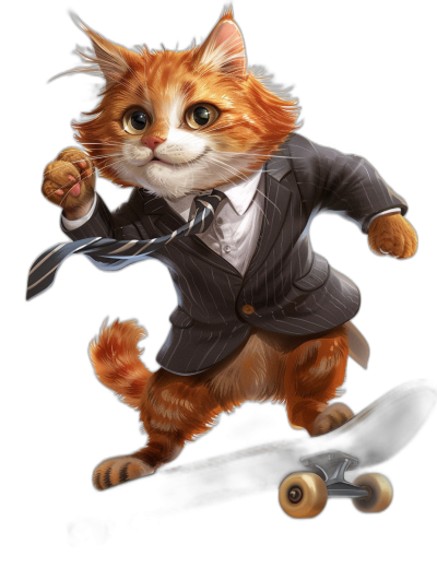 Illustration of a cute ginger cat in a suit riding on a skateboard, with a black background, high resolution digital art, sharp focus, intricate details, highly detailed digital painting, hyperrealistic in the style of studio lighting, cinematic composition with sharp contrast, trending on Artstation, in HD quality.