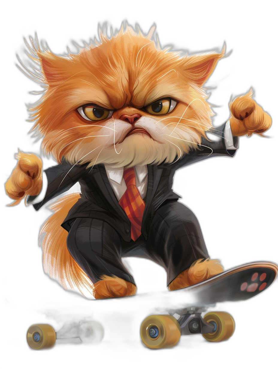 realistic digital illustration of an angry orange cat in business suit and tie, riding on skateboard, black background, full body portrait view, high resolution