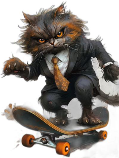 realistic digital illustration of an angry fluffy cat in suit and tie, riding on skateboard, orange eyes, black background, full body portrait, orange color scheme,