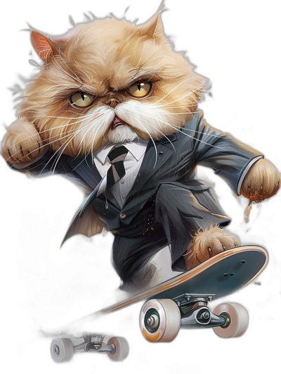 vector design of an angry persian cat in a suit and tie riding on a skateboard, isolated on a black background, ultra detailed, smooth gradients, sharp focus, hyperrealistic illustration in the style of [Artgerm](https://goo.gl/search?artist%20Artgerm) and [Greg Rutkowski](https://goo.gl/search?artist%20Greg%20Rutkowski) and in the style of [Alphonse Mucha](https://goo.gl/search?artist%20Alphonse%20Mucha)