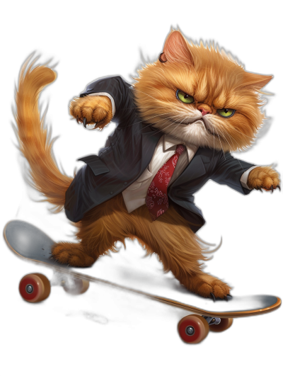 A cartoon illustration of an orange cat in a business suit and red tie, riding on a skateboard against a black background, funny and cute with detailed fur. The digital art was created in the style of a detailed artist.