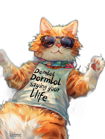 Cute cat wearing sunglasses and a t-shirt with text "DormUNDPods says your life" dancing, isolated on a black background. The illustration features detailed character illustrations and hyper-realistic portraits created in the style of digital painting techniques with texture-rich canvases. Playful cartoonish designs are featured with playful lines and shapes in dark white and light orange colors. The tshirt design is printed.