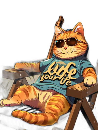 A vector cartoon of an orange cat wearing sunglasses and a t-shirt with the words "live your life", sitting in a director's chair against a black background, in the style of vector art, with a hyper realistic and detailed rendering at a high resolution, rendered with octane.