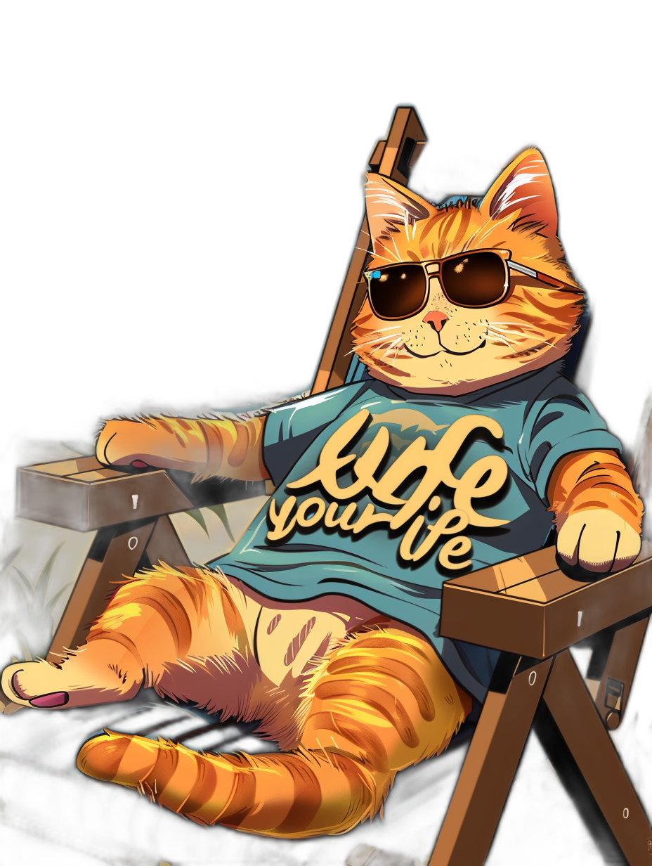 A vector cartoon of an orange cat wearing sunglasses and a t-shirt with the words “live your life”, sitting in a director’s chair against a black background, in the style of vector art, with a hyper realistic and detailed rendering at a high resolution, rendered with octane.