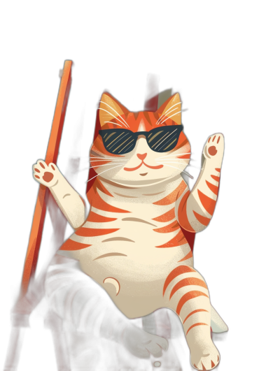 A cute orange and white striped cat wearing sunglasses sits on a chair, holding an oar in both hands raised above its head. The cartoon character is depicted in the style of 2D flat paper-cut art, with a black background. It has a simple shape, cute expression, bright colors, high saturation, strong contrast between light and dark, clear details, bright lighting effects, full body close-up, and a warm atmosphere.