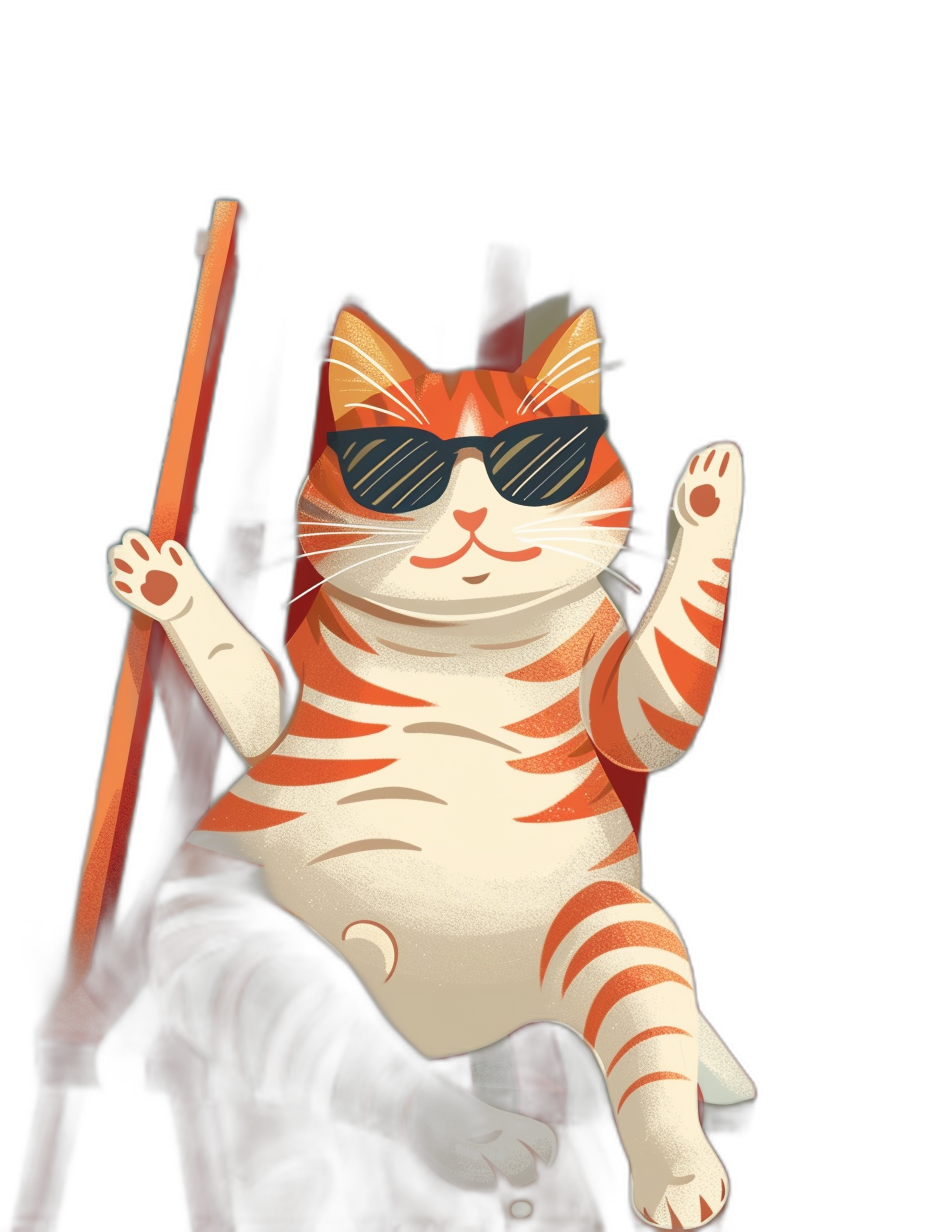 A cute orange and white striped cat wearing sunglasses sits on a chair, holding an oar in both hands raised above its head. The cartoon character is depicted in the style of 2D flat paper-cut art, with a black background. It has a simple shape, cute expression, bright colors, high saturation, strong contrast between light and dark, clear details, bright lighting effects, full body close-up, and a warm atmosphere.