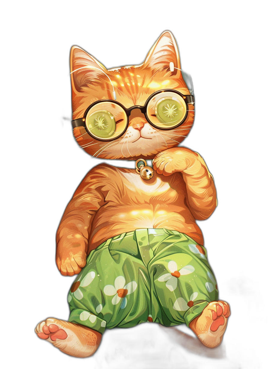 Cute orange cat, wearing green floral shorts and glasses with cucumbers on its eyes, on a black background, in the style of a cartoon, digital art, simple full body illustration, high definition