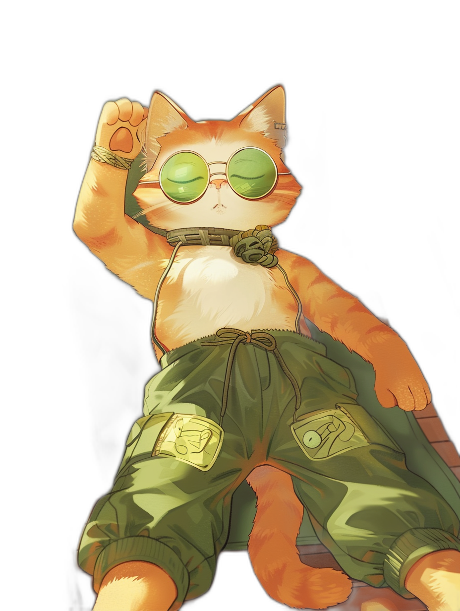 A full body shot of an orange and white cat wearing green sunglasses, he is raising his left arm to the sky while sitting on top of shorts with pockets that have military patches on them, black background, in the style of anime.