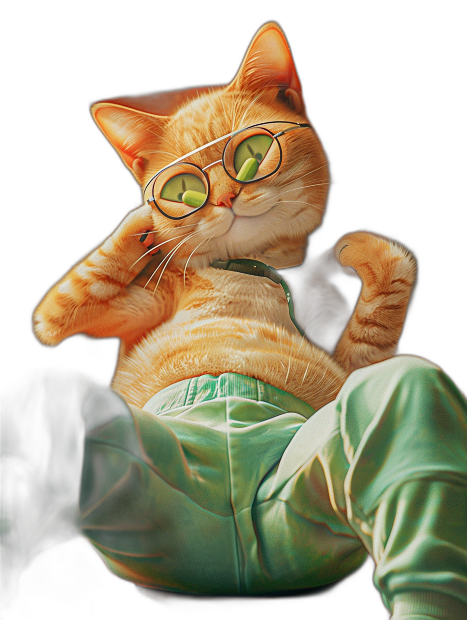 A photorealistic, high-resolution close-up portrait of an orange cat with green eyes and glasses wearing tracksuit pants on its back in the air doing random funny poses. Black background. The overall mood is humorous and playful, capturing a whimsical moment of creative expression. The lighting creates soft shadows that enhance details like fur texture or  patterns.