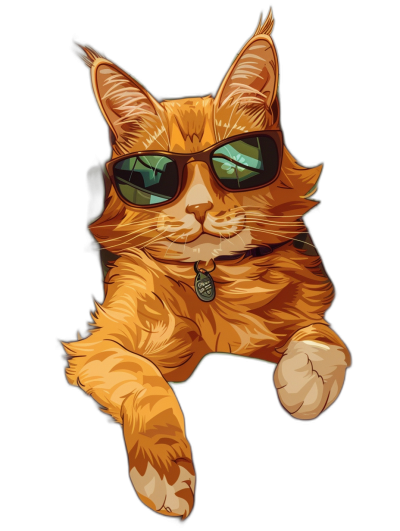 t-shirt design, Cool Orange mainecoon Cat with sunglasses, simple vector illustration of cute character in the style of digital art, full body shot, isolated on black background