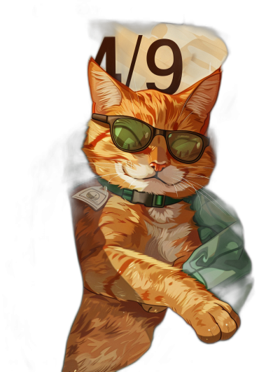 A cool orange cat with sunglasses and a green shirt, sitting on the numbers "4/9", in the vector art style, sticker design, detailed background, t-shirt print designs.