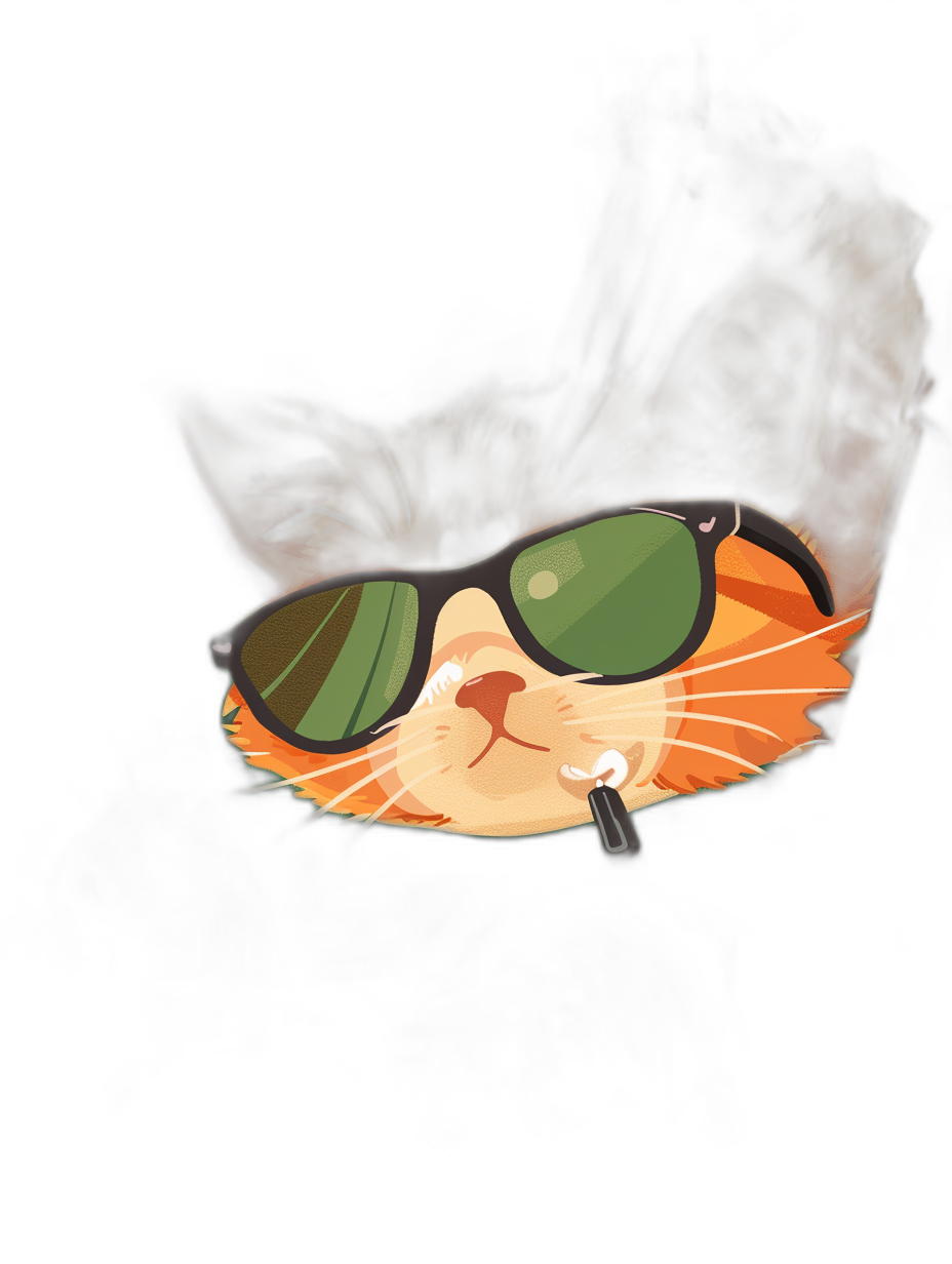 A cute cartoon cat wearing green sunglasses, smoking against a dark, smoke-filled background in the style of a vector illustration. The style is flat with simple lines on a black background. The cat has orange fur and green eyes. The image is high resolution and high quality with fine details.