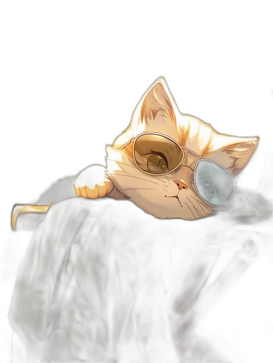 cute white cat with aviator sunglasses, laying on his jacket shoulder in a dark room, in the style of 2d game art, detailed character illustrations, in the style of traditional oil painting, full body shot, black background, no text or letters