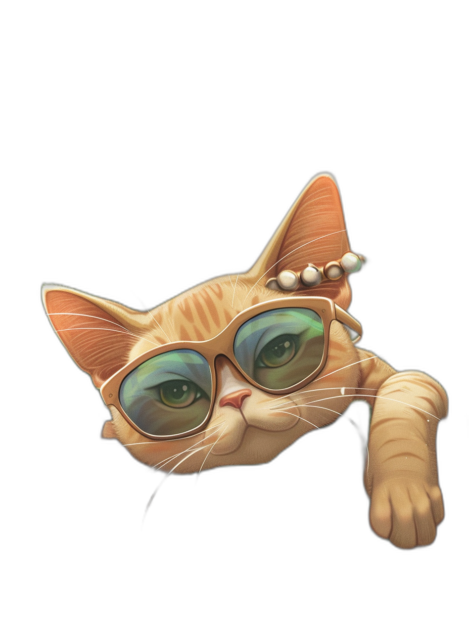 A cute cat wearing sunglasses with pearls on its ears, peeking out from the bottom right corner of an illustration against black background, in style cartoon realism, playful character design, colorful caricature