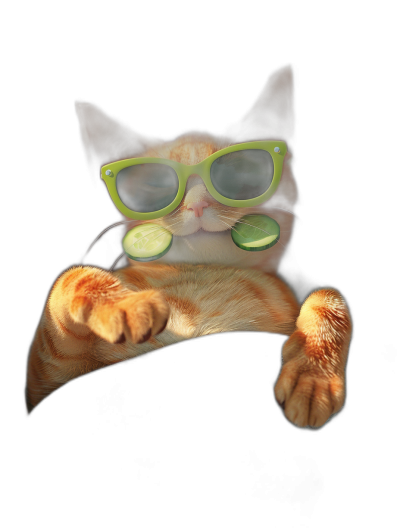 A cute orange cat with sunglasses and cucumber in mouth hanging down, holding on to the edge of an empty black background, with high definition photography style